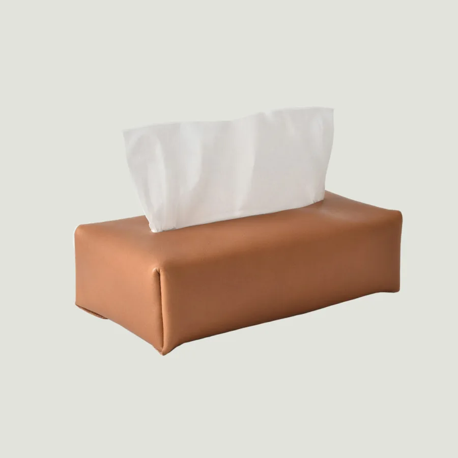 ブラウンのレザーで箱を包んだMOHEIM TISSUE COVER